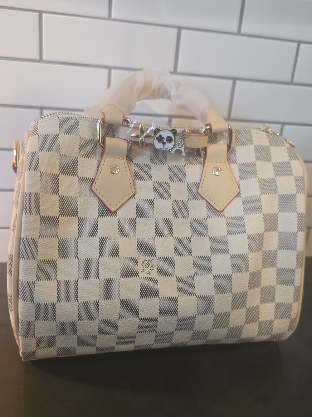 Checker Satchel in Cream and Light Gray with Tan Trim